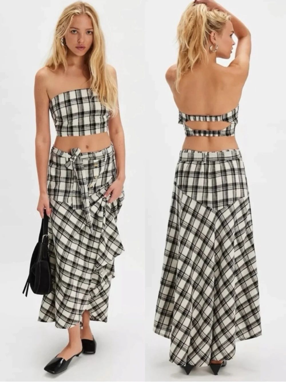 Free People Gingham Plaid Picnic After You Set Maxi Skirt Tube Top NWT Small